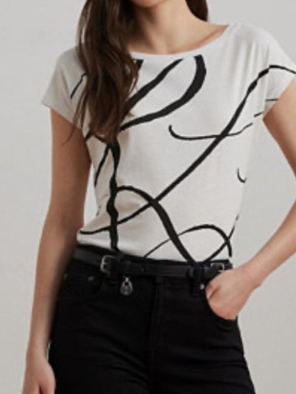 Ralph Lauren White Short Sleeve Top with Black Abstract Lines